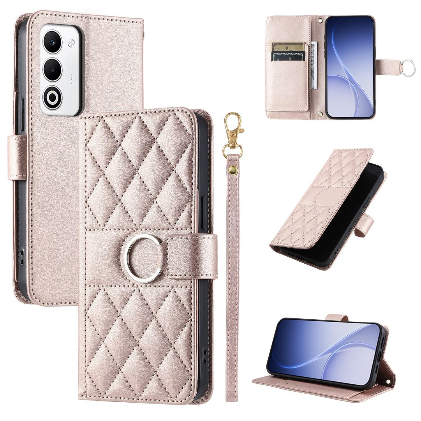 For OPPO A5 4G /  5G Global / K13 India Ring Buckle Rhombic Leather Phone Case(Rose Gold)