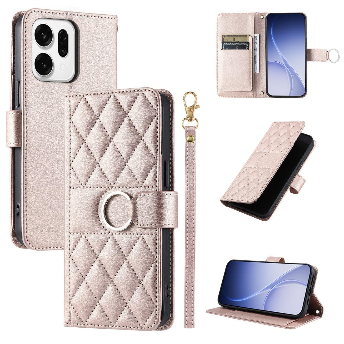 For OPPO Reno14 Global / Reno14 F 5G Ring Buckle Rhombic Leather Phone Case(Rose Gold)