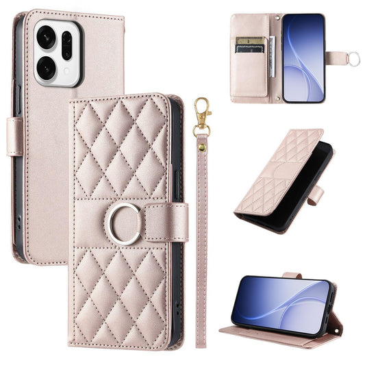 For OPPO Reno14 Pro Global Ring Buckle Rhombic Leather Phone Case(Rose Gold)