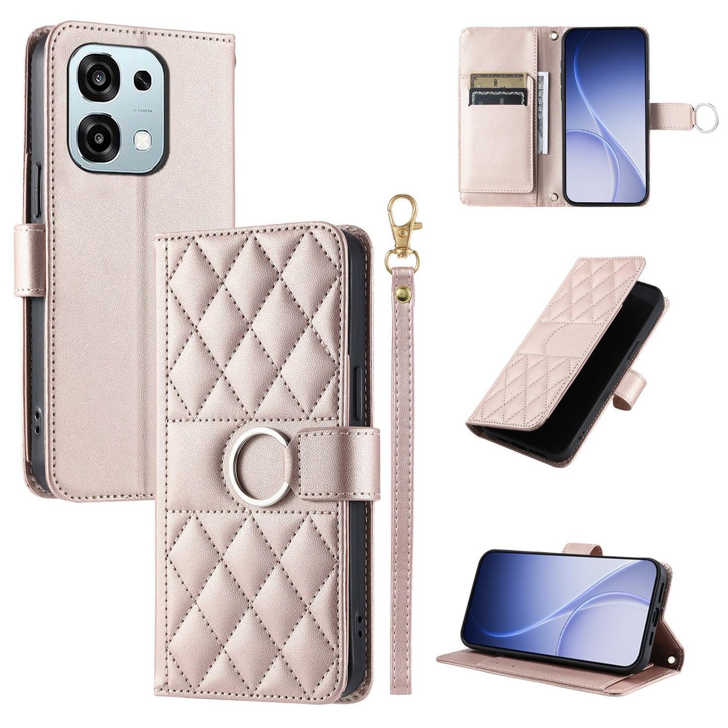 For OPPO A6 Pro 4G /  5G Global / F31 Ring Buckle Rhombic Leather Phone Case(Rose Gold)