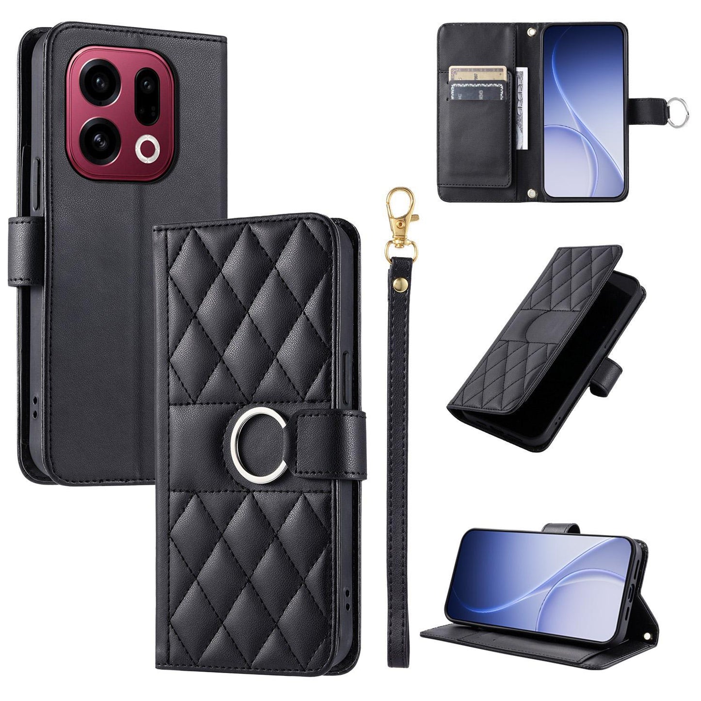 For OPPO Find X9 Ring Buckle Rhombic Leather Phone Case(Black)