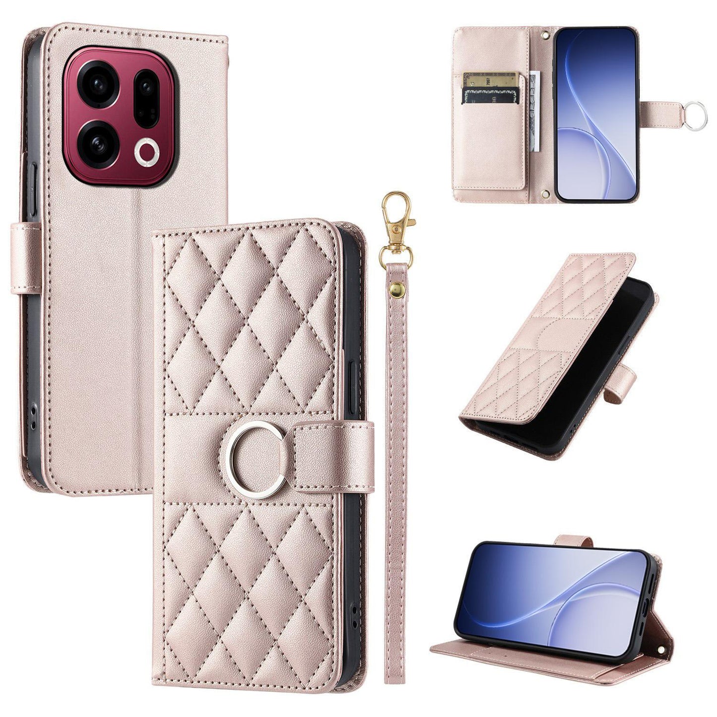 For OPPO Find X9 Ring Buckle Rhombic Leather Phone Case(Rose Gold)