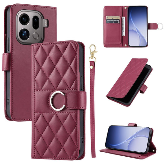 For OPPO Find X9 Pro Ring Buckle Rhombic Leather Phone Case(Red)