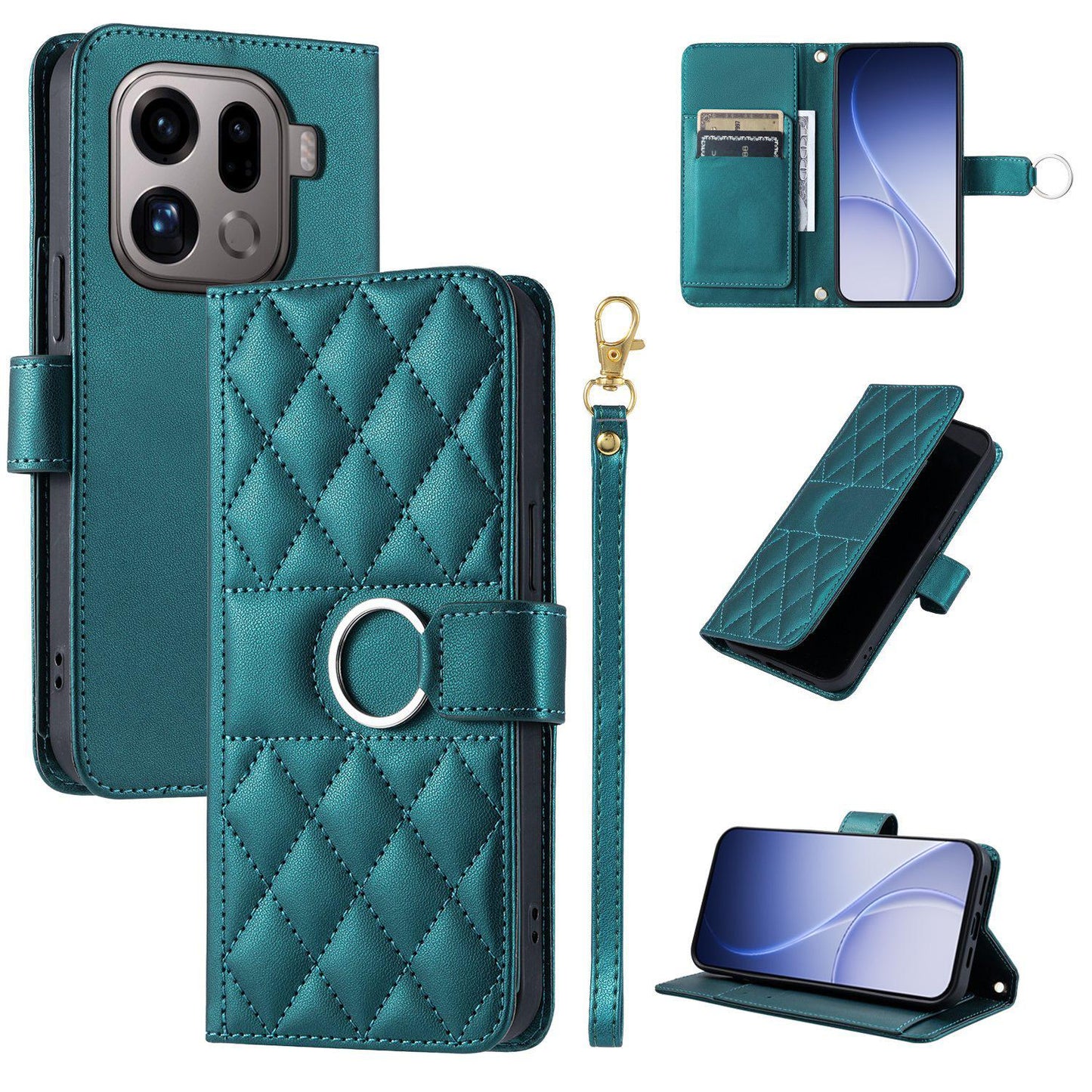 For OPPO Find X9 Pro Ring Buckle Rhombic Leather Phone Case(Green)