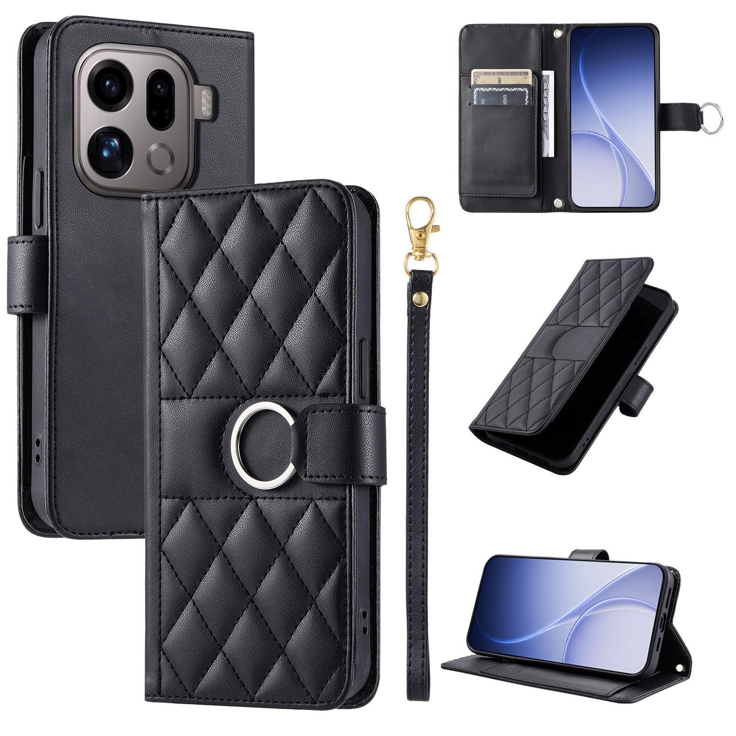 For OPPO Find X9 Pro Ring Buckle Rhombic Leather Phone Case(Black)