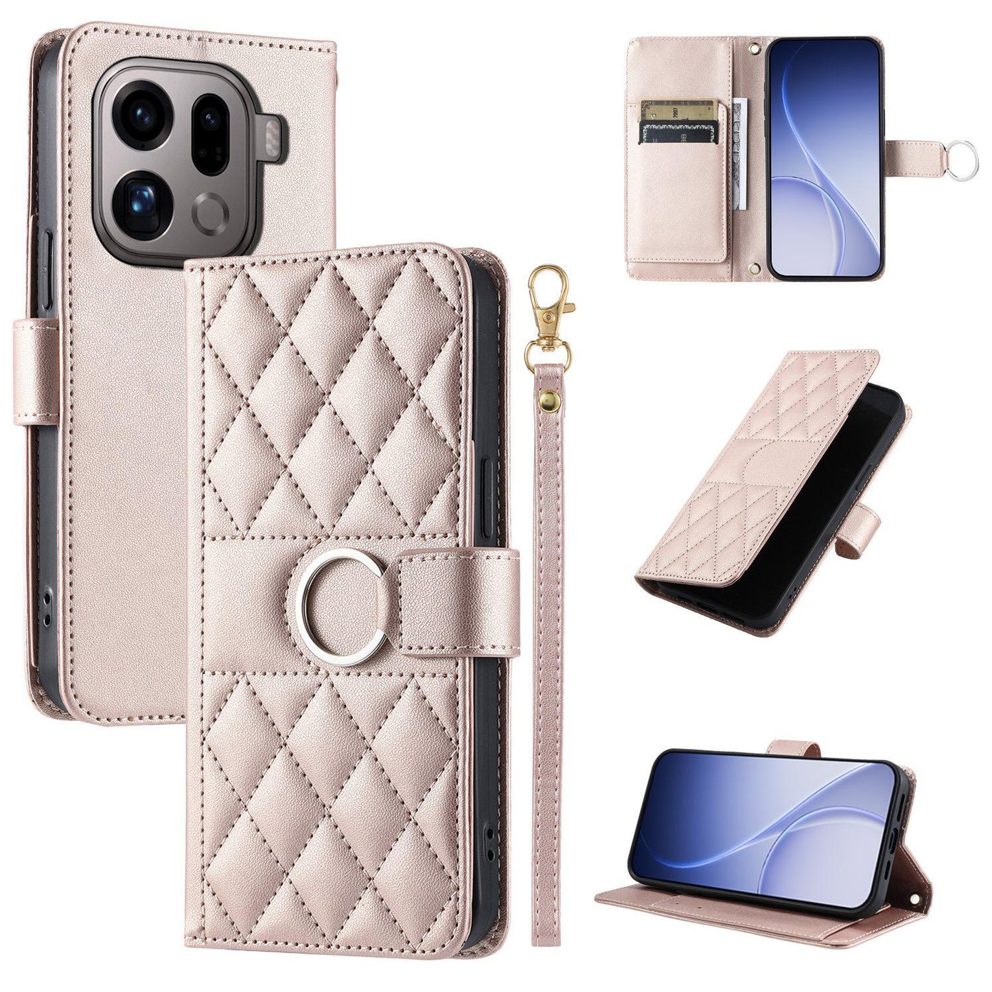 For OPPO Find X9 Pro Ring Buckle Rhombic Leather Phone Case(Rose Gold)