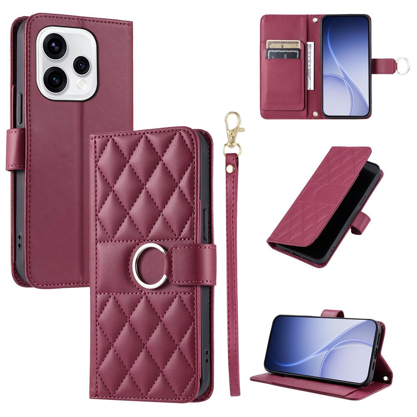 For OPPO Reno15 5G Global Ring Buckle Rhombic Leather Phone Case(Red)