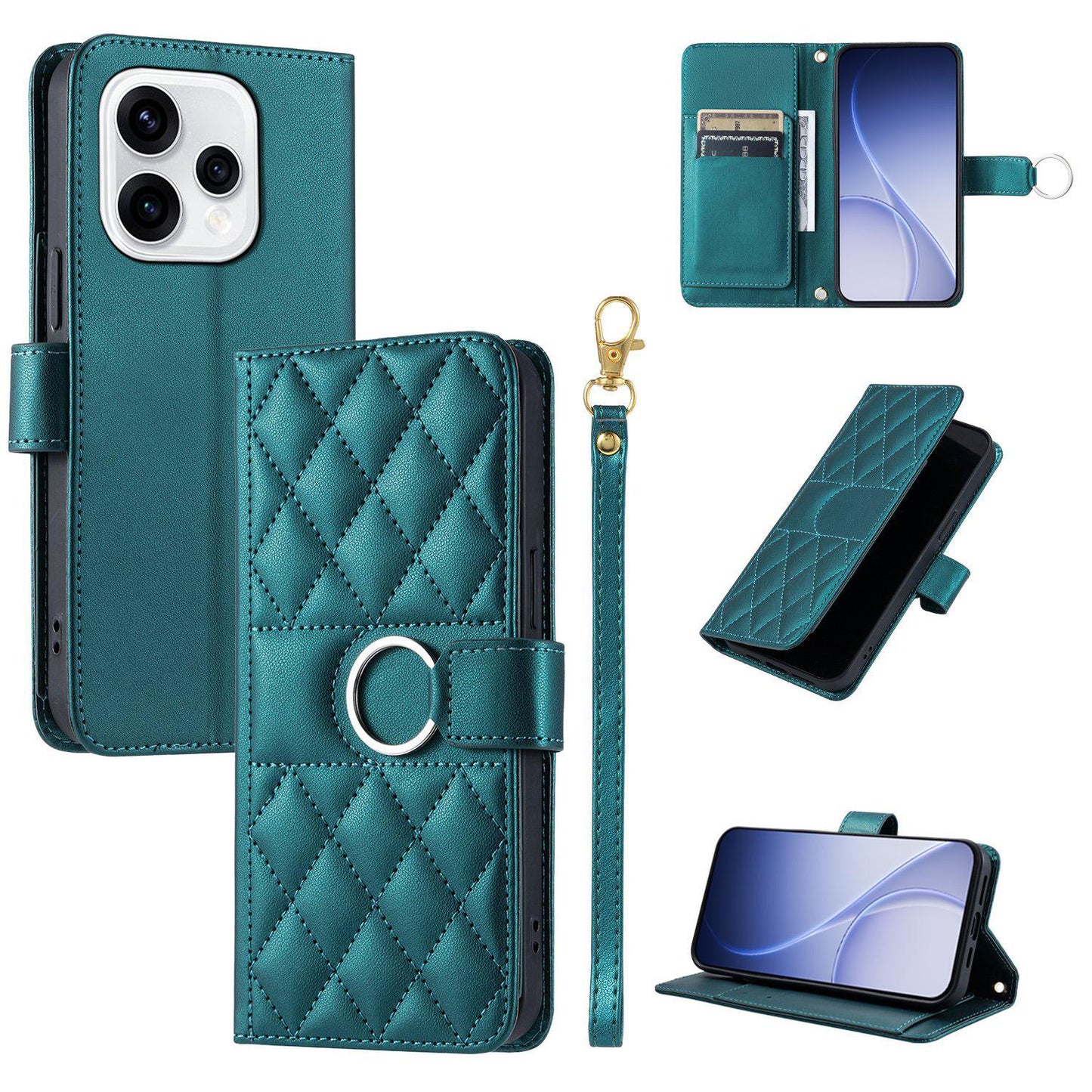 For OPPO Reno15 5G Global Ring Buckle Rhombic Leather Phone Case(Green)