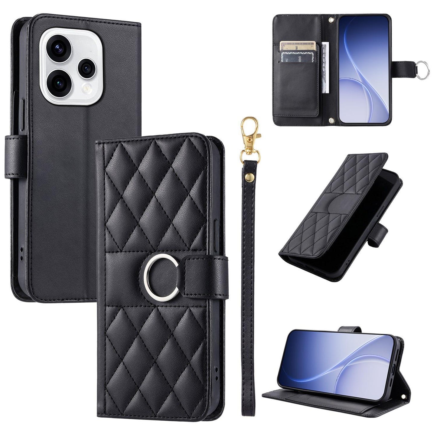For OPPO Reno15 5G Global Ring Buckle Rhombic Leather Phone Case(Black)