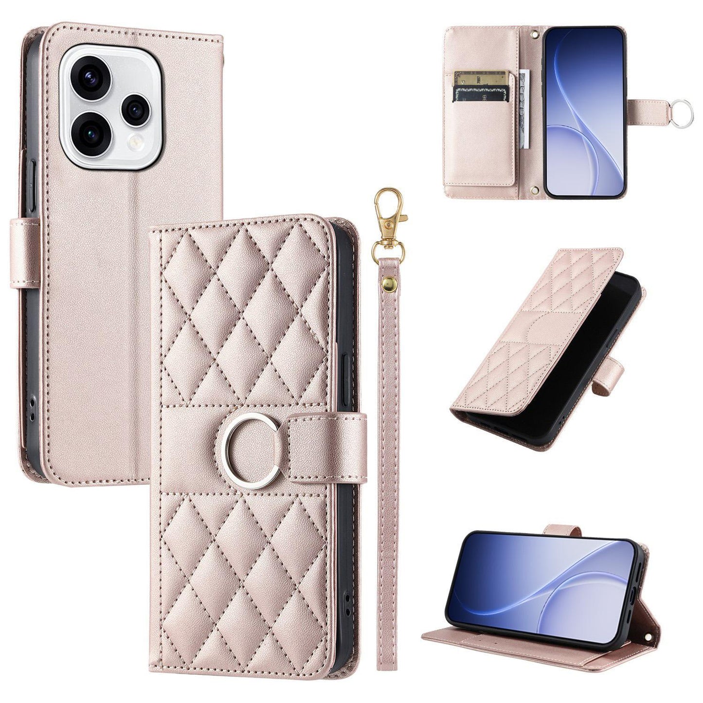 For OPPO Reno15 5G Global Ring Buckle Rhombic Leather Phone Case(Rose Gold)
