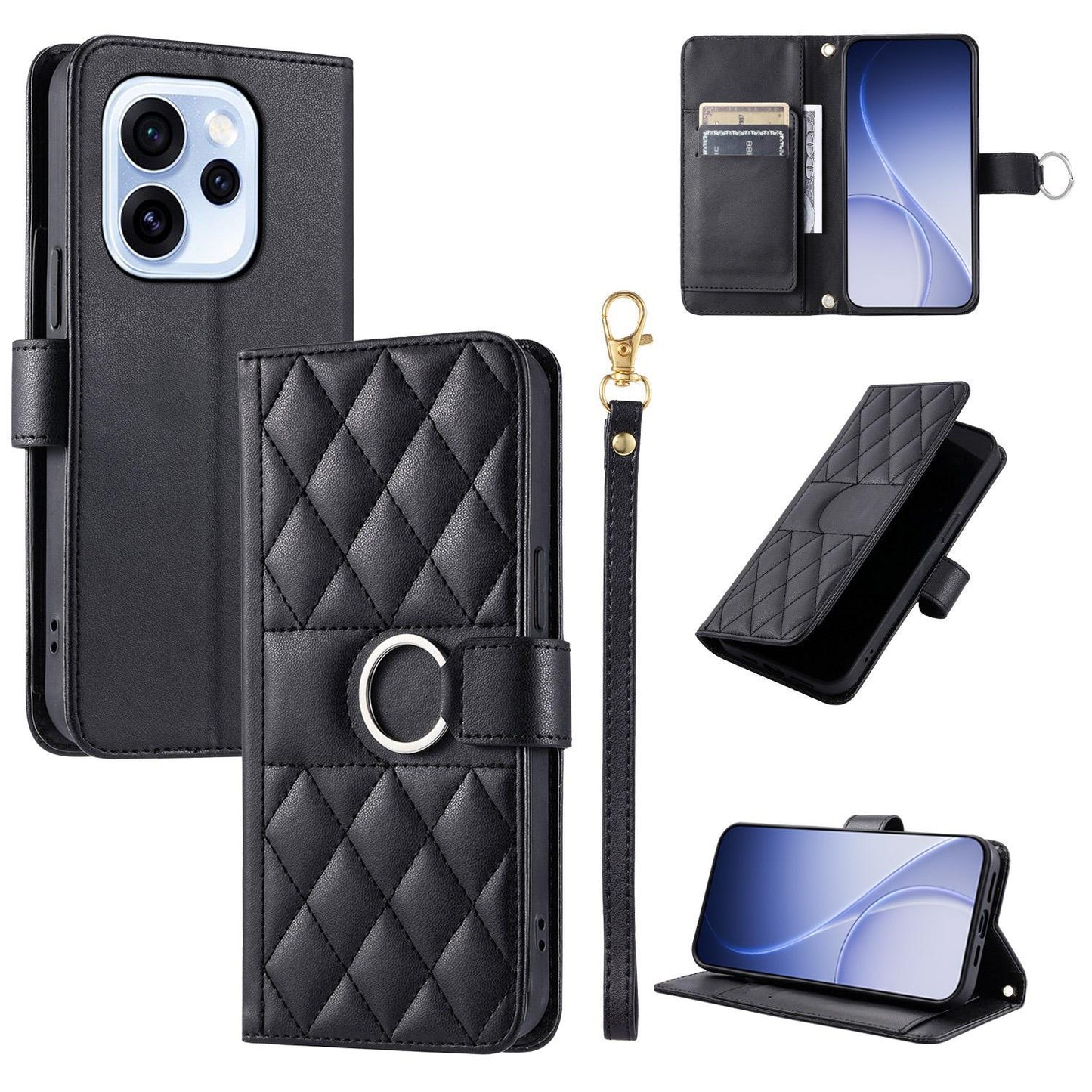 For OPPO Reno15 Pro 5G Global Ring Buckle Rhombic Leather Phone Case(Black)
