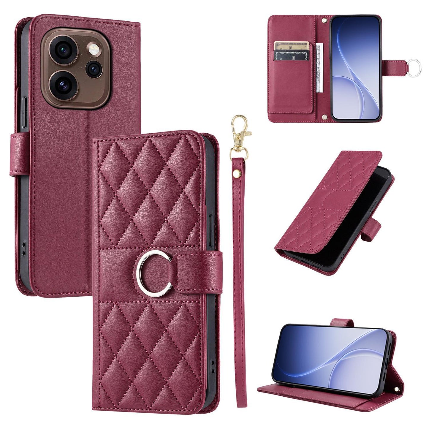 For OPPO Reno15 Pro Max 5G Global Ring Buckle Rhombic Leather Phone Case(Red)