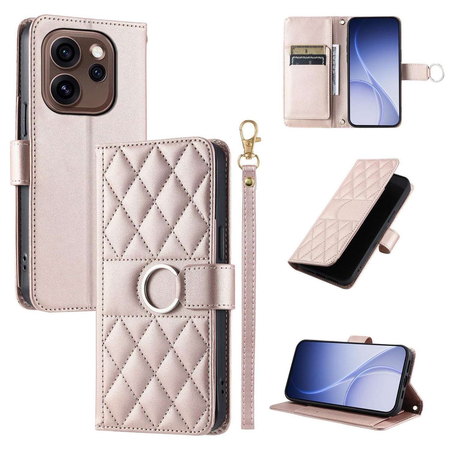 For OPPO Reno15 Pro Max 5G Global Ring Buckle Rhombic Leather Phone Case(Rose Gold)