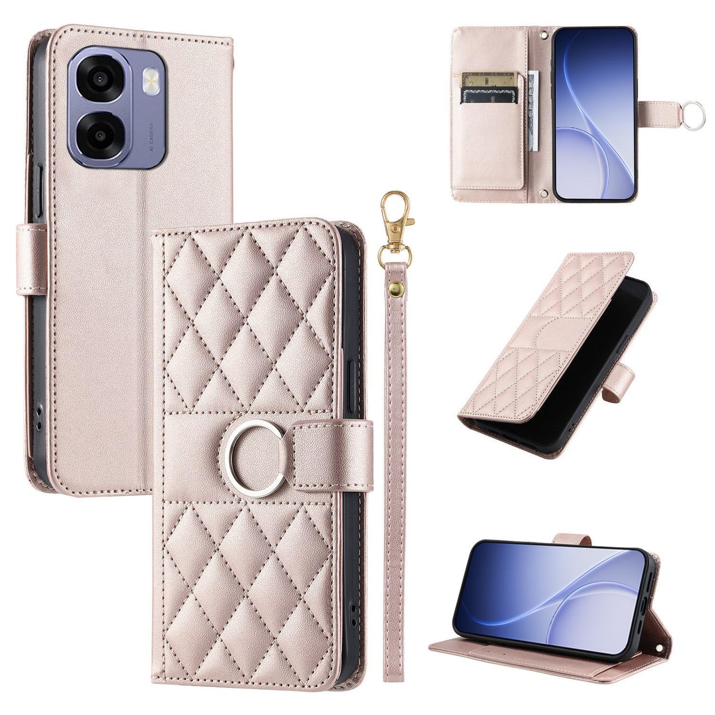 For OPPO A6 / A6s / A6x / A6t Global Ring Buckle Rhombic Leather Phone Case(Rose Gold)