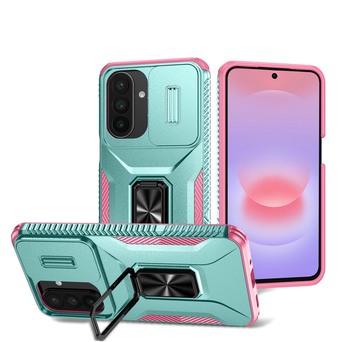 For Galaxy A27 5G Sliding Camshield Holder Phone Case - Pink + Grey Green - EDA007358806B