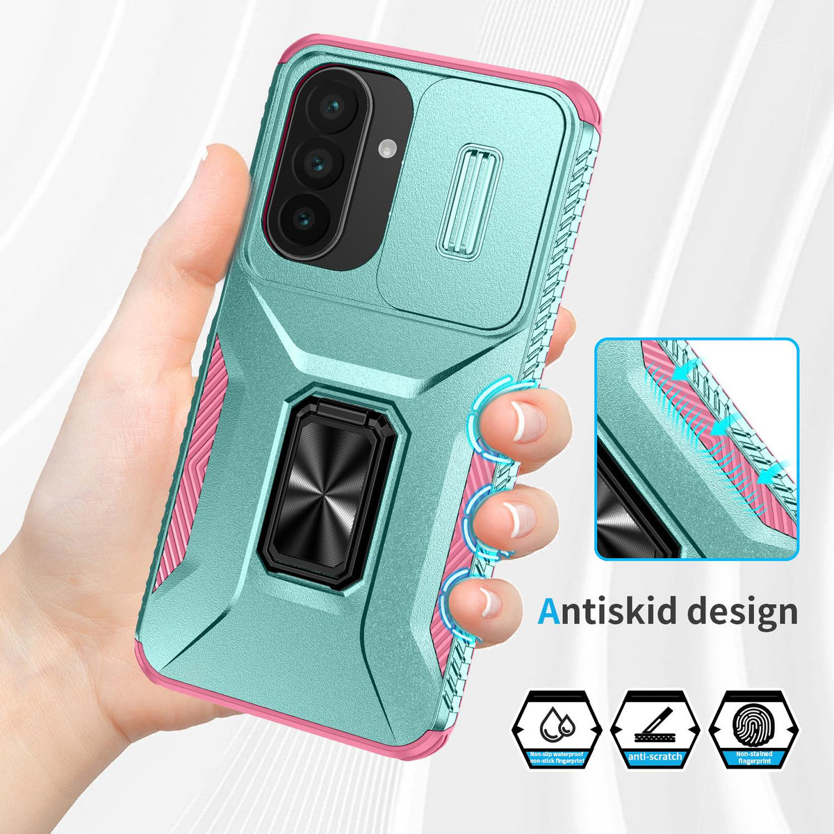 For Galaxy A27 5G Sliding Camshield Holder Phone Case - Pink + Grey Green - EDA007358806B