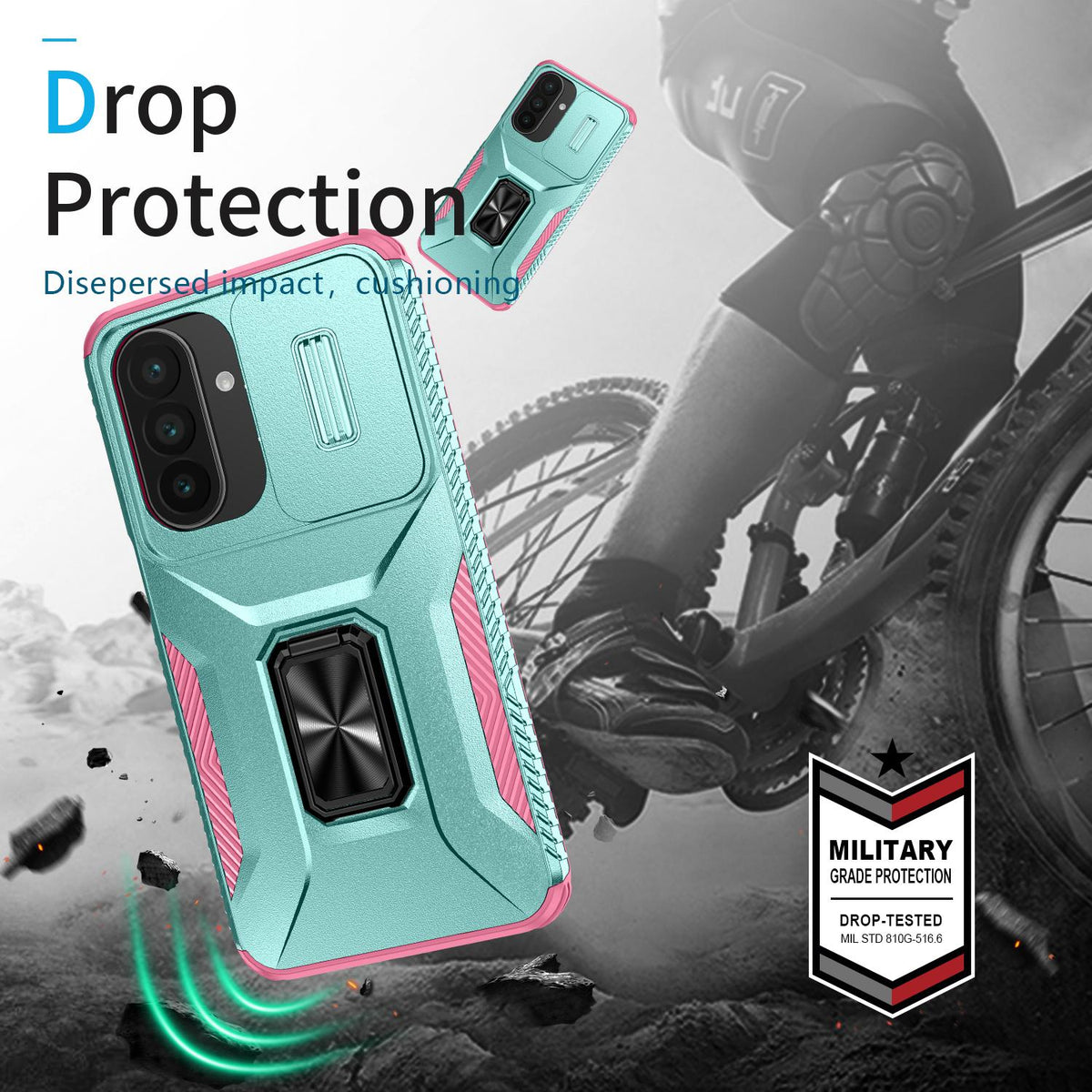 For Galaxy A27 5G Sliding Camshield Holder Phone Case - Pink + Grey Green - EDA007358806B