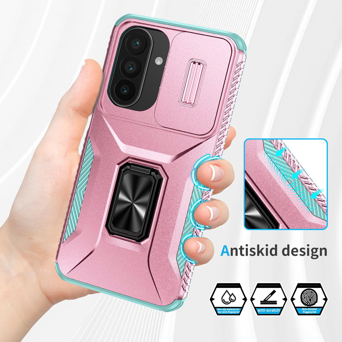 For Galaxy A27 5G Sliding Camshield Holder Phone Case - Grey Green + Pink - EDA007358806F