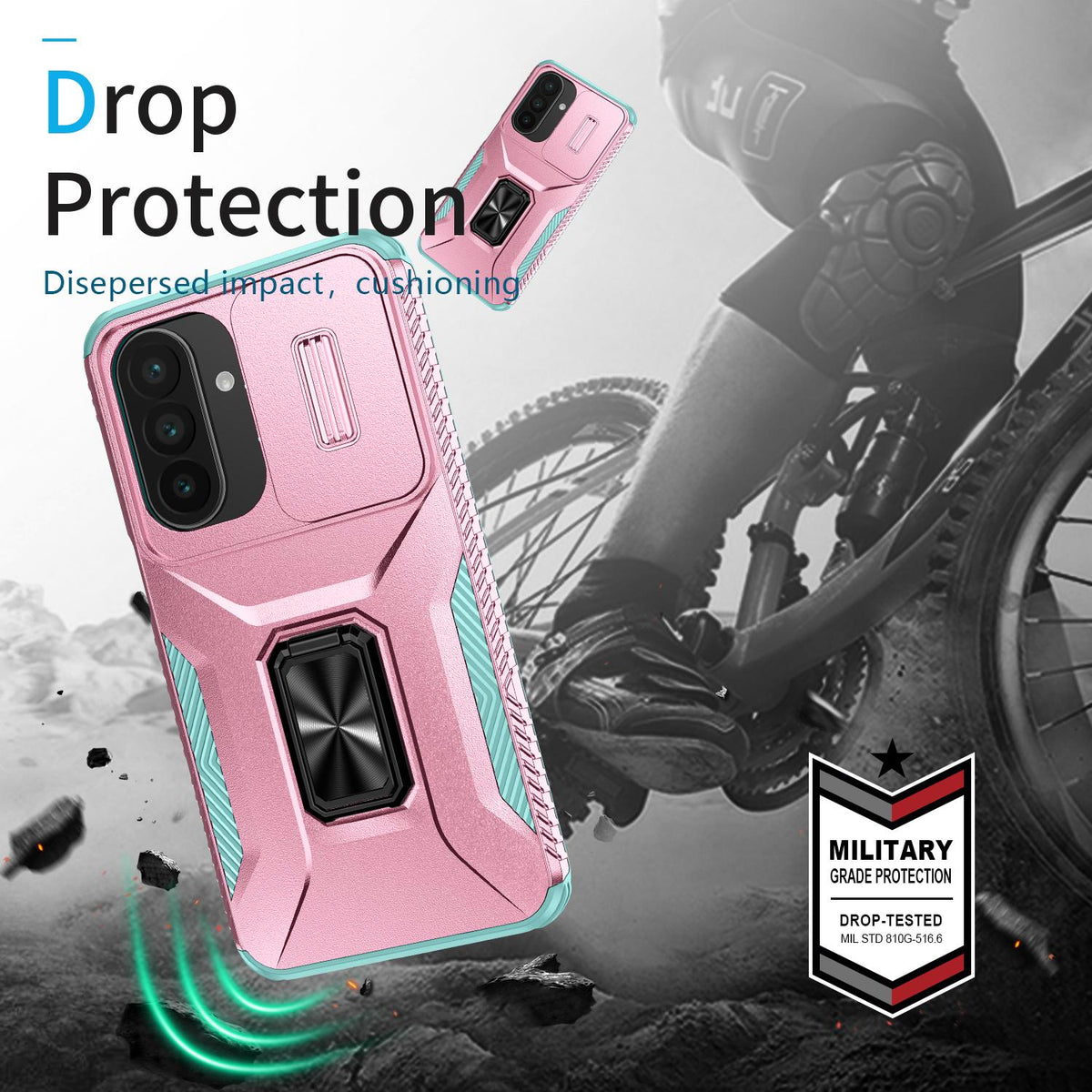 For Galaxy A27 5G Sliding Camshield Holder Phone Case - Grey Green + Pink - EDA007358806F