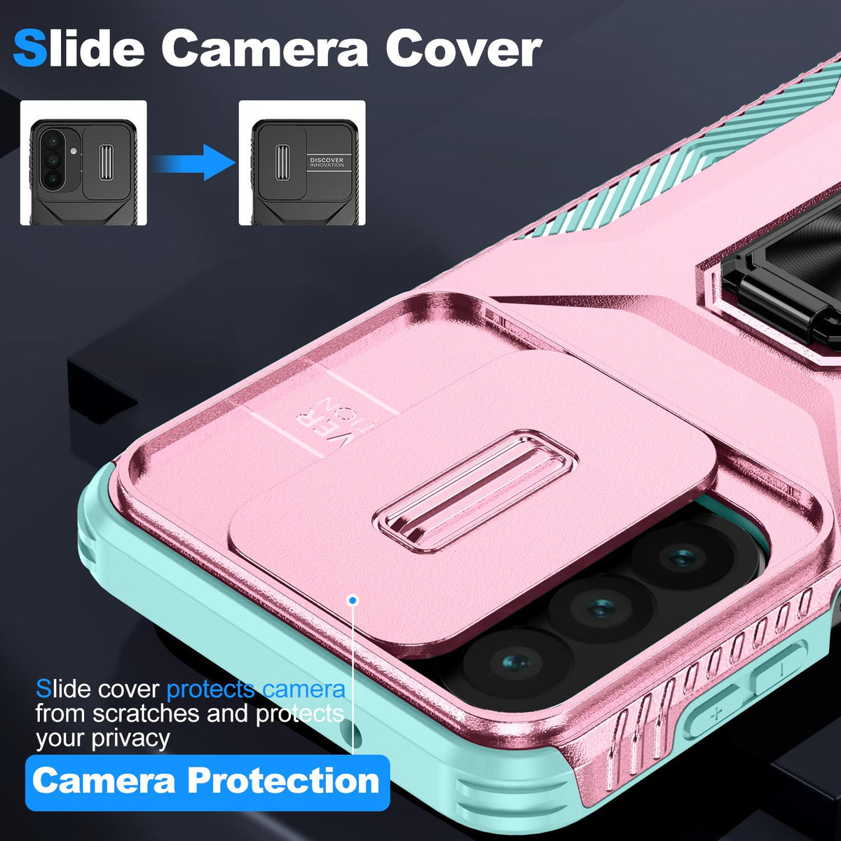 For Galaxy A27 5G Sliding Camshield Holder Phone Case - Grey Green + Pink - EDA007358806F