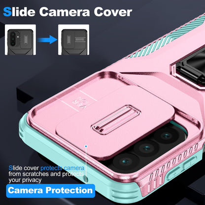 For Galaxy A27 5G Sliding Camshield Holder Phone Case - Grey Green + Pink - EDA007358806F