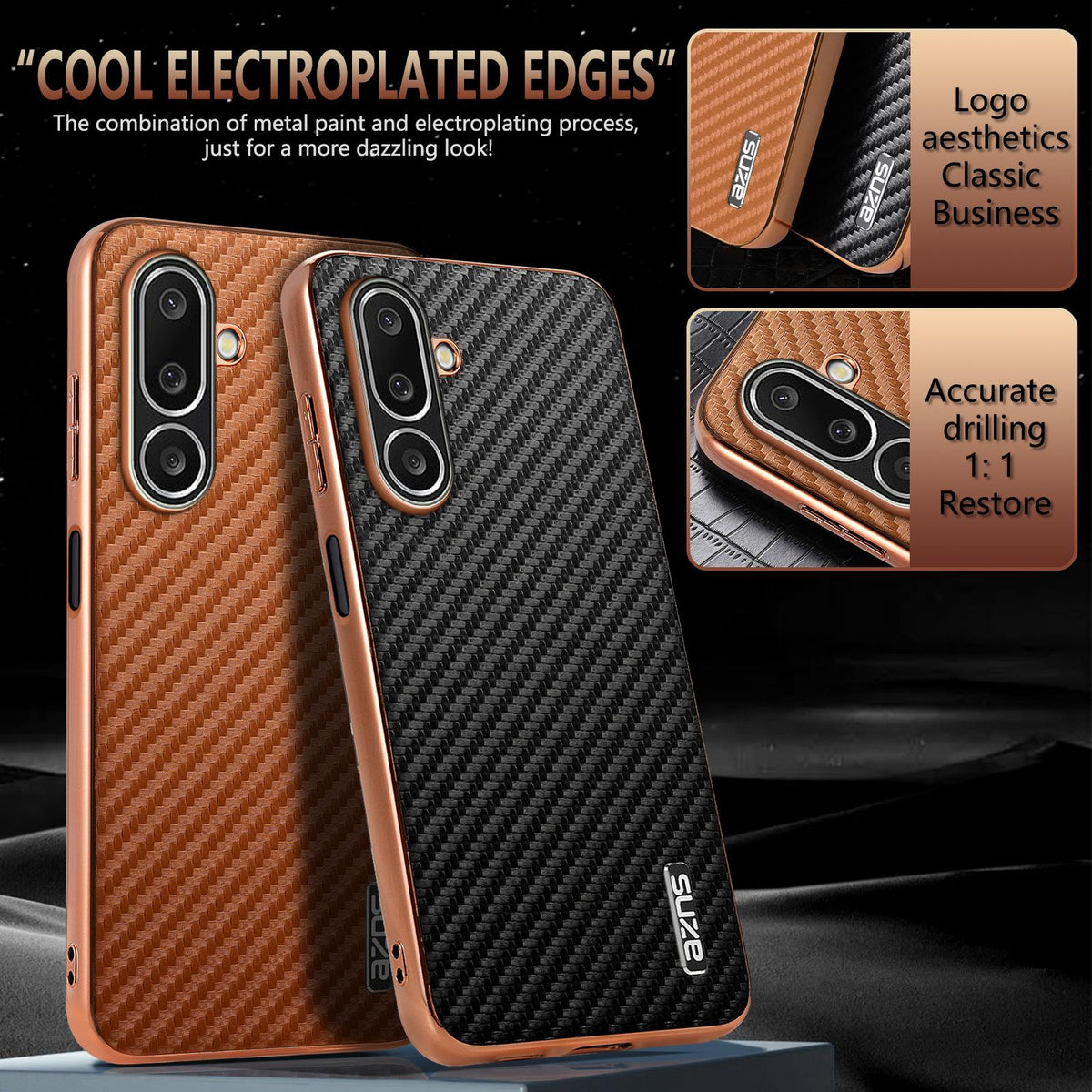 For Galaxy A27 5G AZNS Electroplated Edge Carbon Fiber Texture Phone Case - Black - EDA007404813A