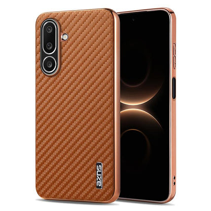 For Galaxy A27 5G AZNS Electroplated Edge Carbon Fiber Texture Phone Case - Brown - EDA007404813B