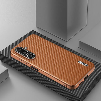 For Galaxy A27 5G AZNS Electroplated Edge Carbon Fiber Texture Phone Case - Brown - EDA007404813B
