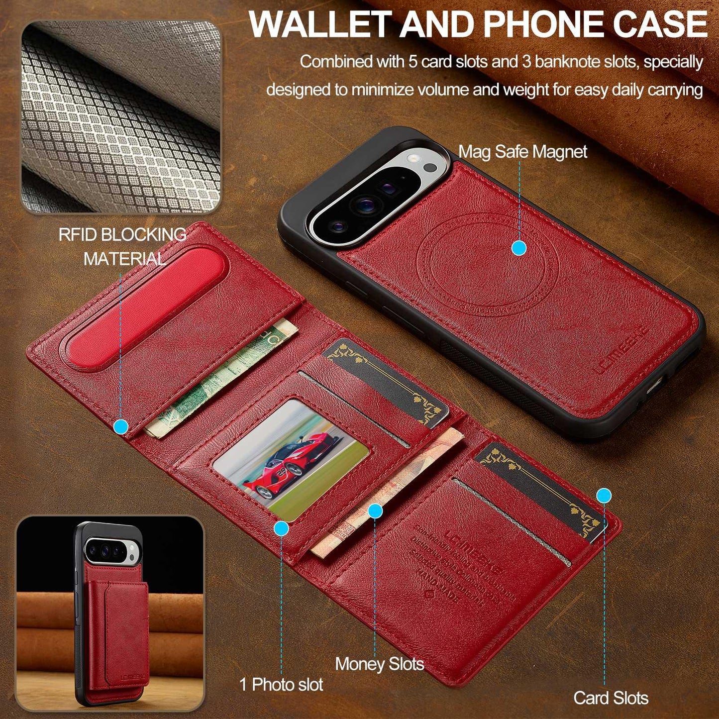 For Google Pixel 11 Pro XL LC.IMEEKE L5 Series Detachable RFID Card Bag Magsafe Phone Case(Red)