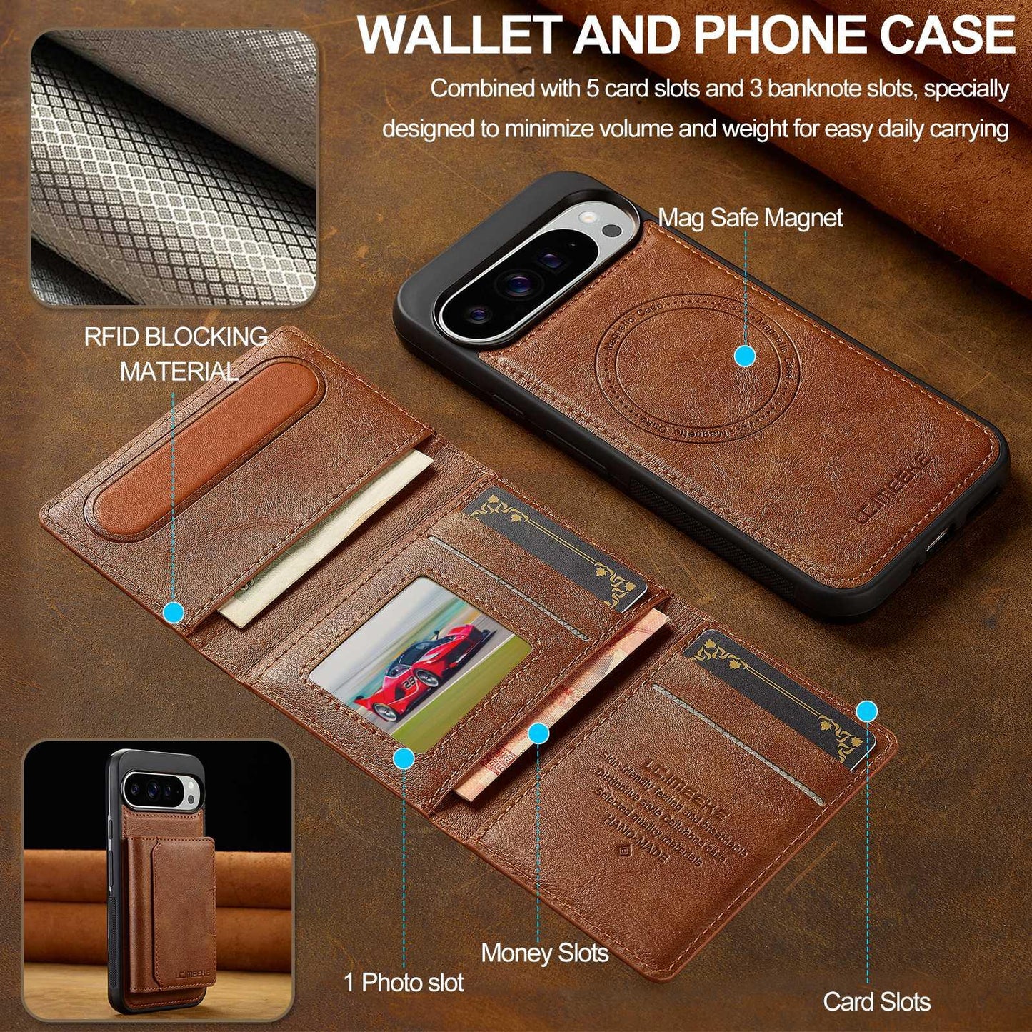 For Google Pixel 11 / 11 Pro LC.IMEEKE L5 Series Detachable RFID Card Bag Magsafe Phone Case(Brown)