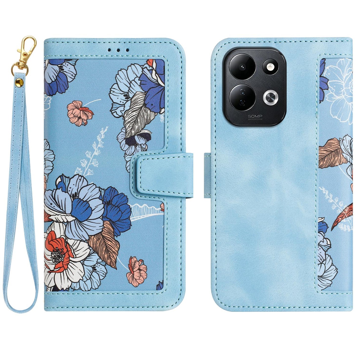 For Redmi 17 5G / 4G Global 170mm Floral Pattern Leather Phone Case with Lanyard(Light Blue)