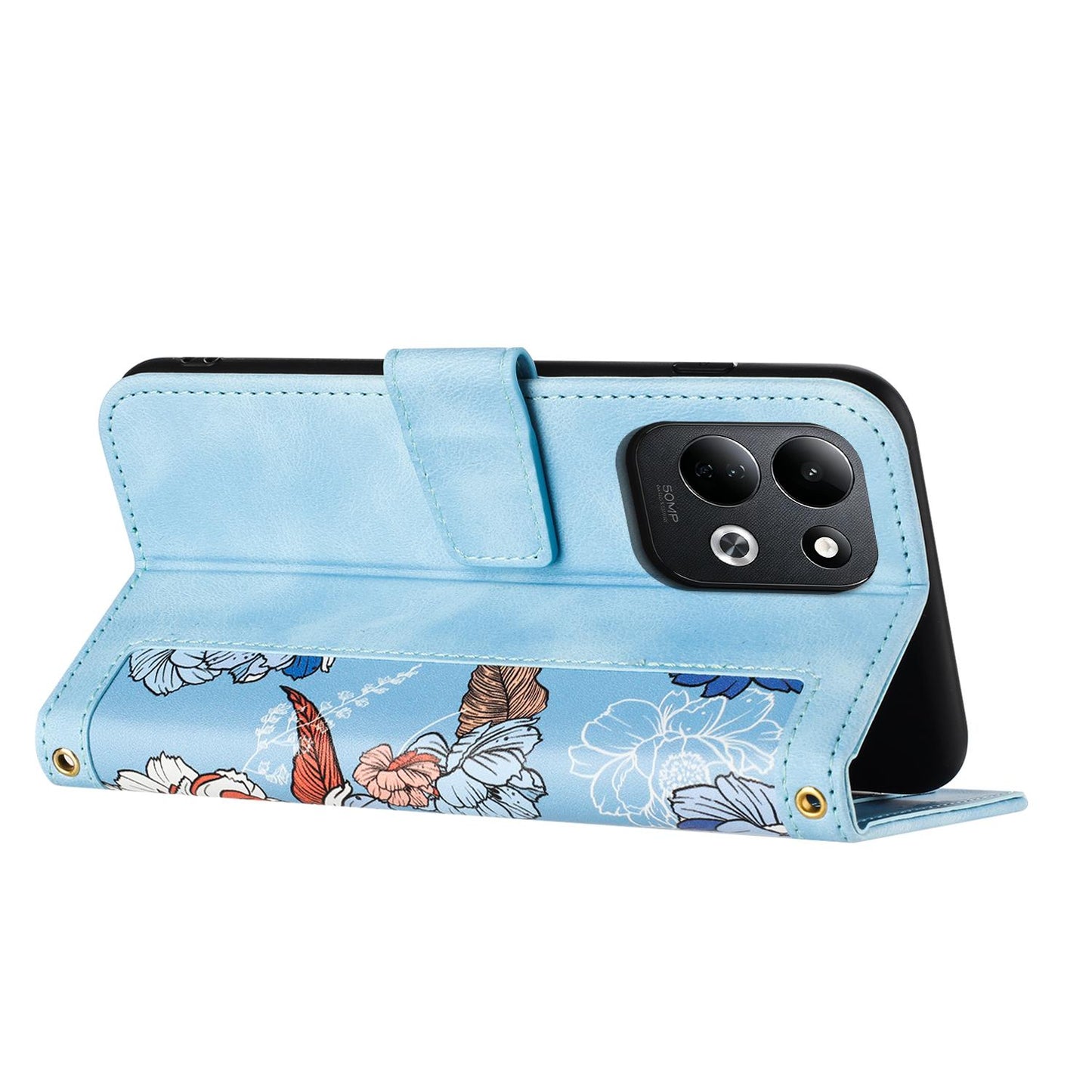 For Redmi 17 5G / 4G Global 170mm Floral Pattern Leather Phone Case with Lanyard(Light Blue)