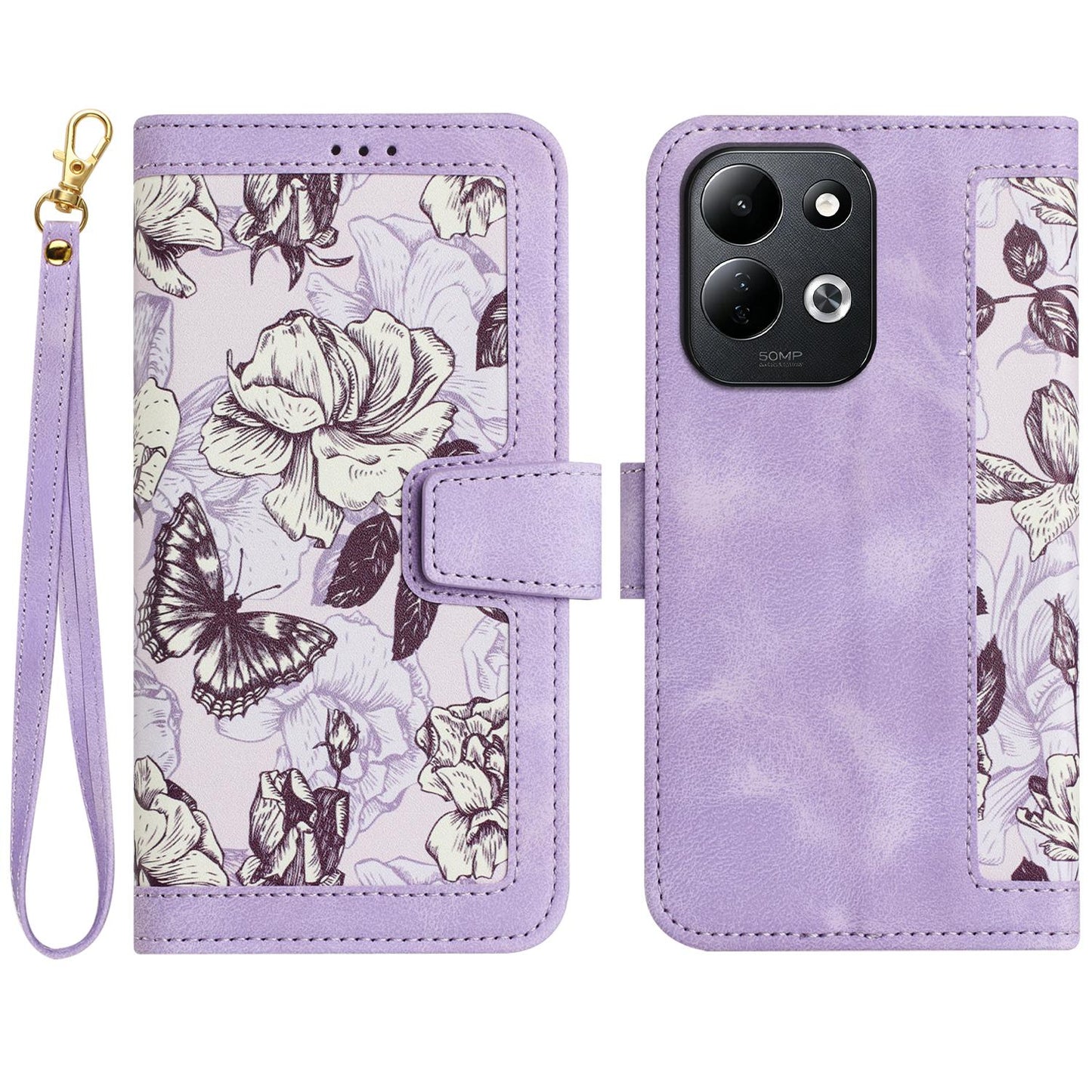 For Redmi 17 5G / 4G Global 170mm Floral Pattern Leather Phone Case with Lanyard(Light Purple)