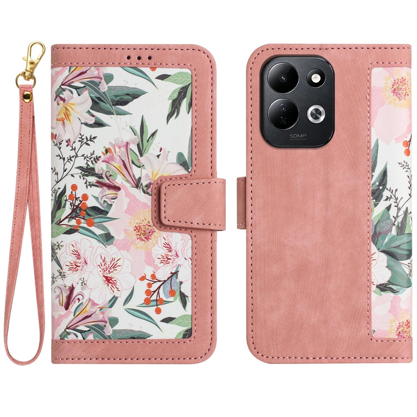 For Redmi 17 5G / 4G Global 170mm Floral Pattern Leather Phone Case with Lanyard(Pink)