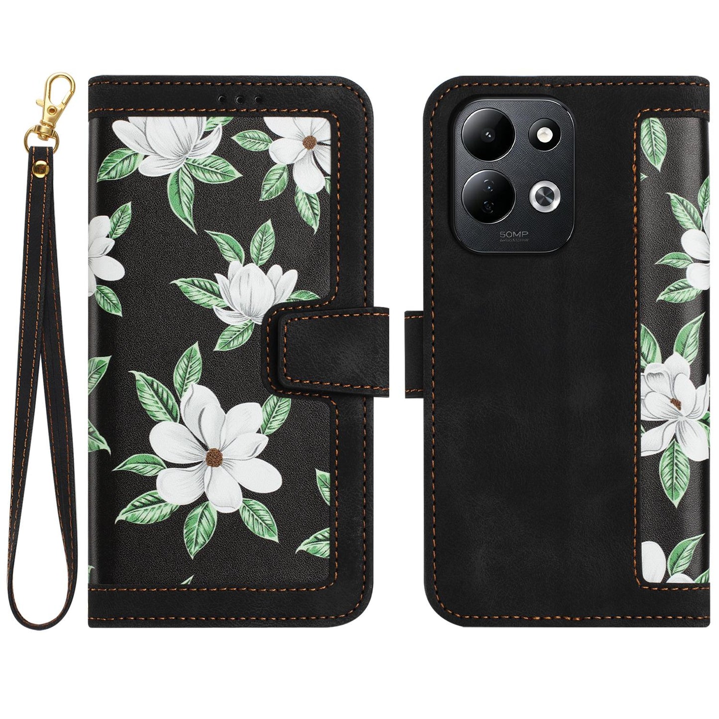 For Redmi 17 5G / 4G Global 170mm Floral Pattern Leather Phone Case with Lanyard(Black)