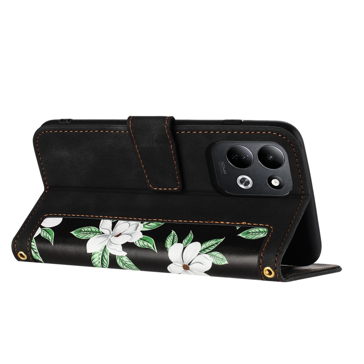 For Redmi 17 5G / 4G Global 170mm Floral Pattern Leather Phone Case with Lanyard(Black)