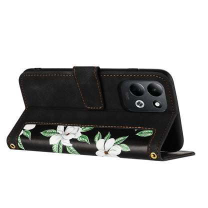 For Redmi 17 5G / 4G Global 170mm Floral Pattern Leather Phone Case with Lanyard(Black)