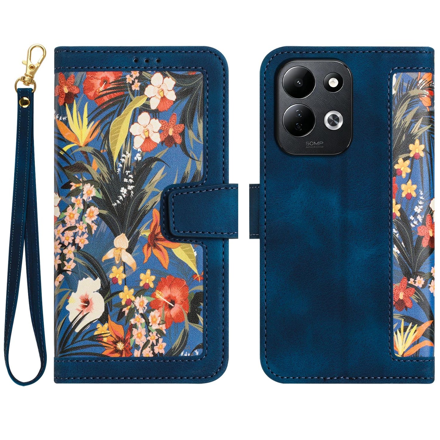 For Redmi 17 5G / 4G Global 170mm Floral Pattern Leather Phone Case with Lanyard(Dark Blue)
