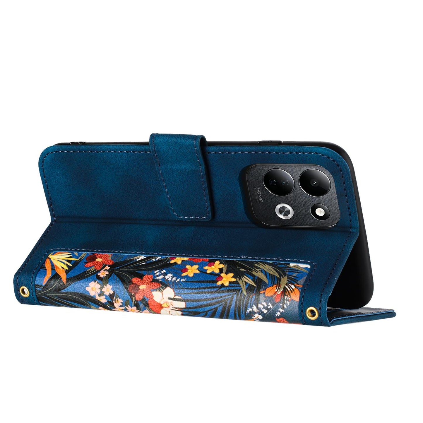 For Redmi 17 5G / 4G Global 170mm Floral Pattern Leather Phone Case with Lanyard(Dark Blue)