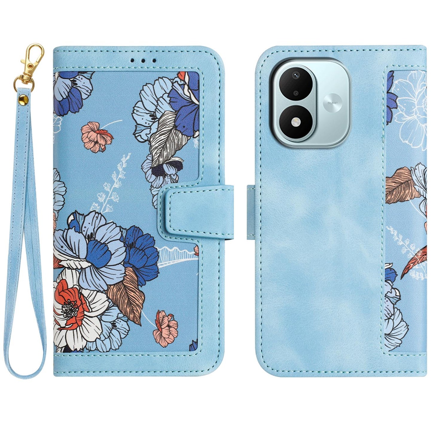 For Redmi Note 17 4G Global 171mm Floral Pattern Leather Phone Case with Lanyard(Light Blue)