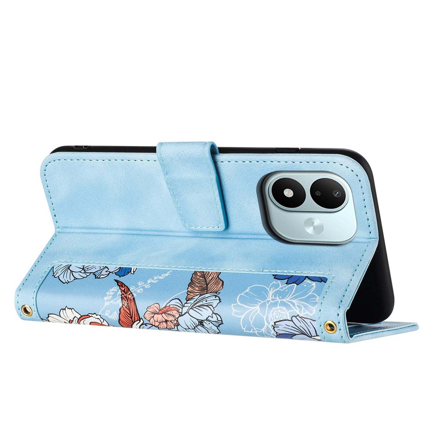 For Redmi Note 17 4G Global 171mm Floral Pattern Leather Phone Case with Lanyard(Light Blue)