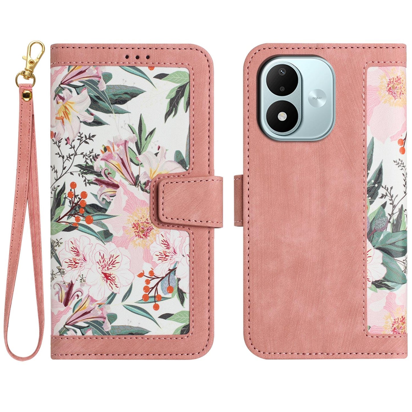 For Redmi Note 17 4G Global 171mm Floral Pattern Leather Phone Case with Lanyard(Pink)