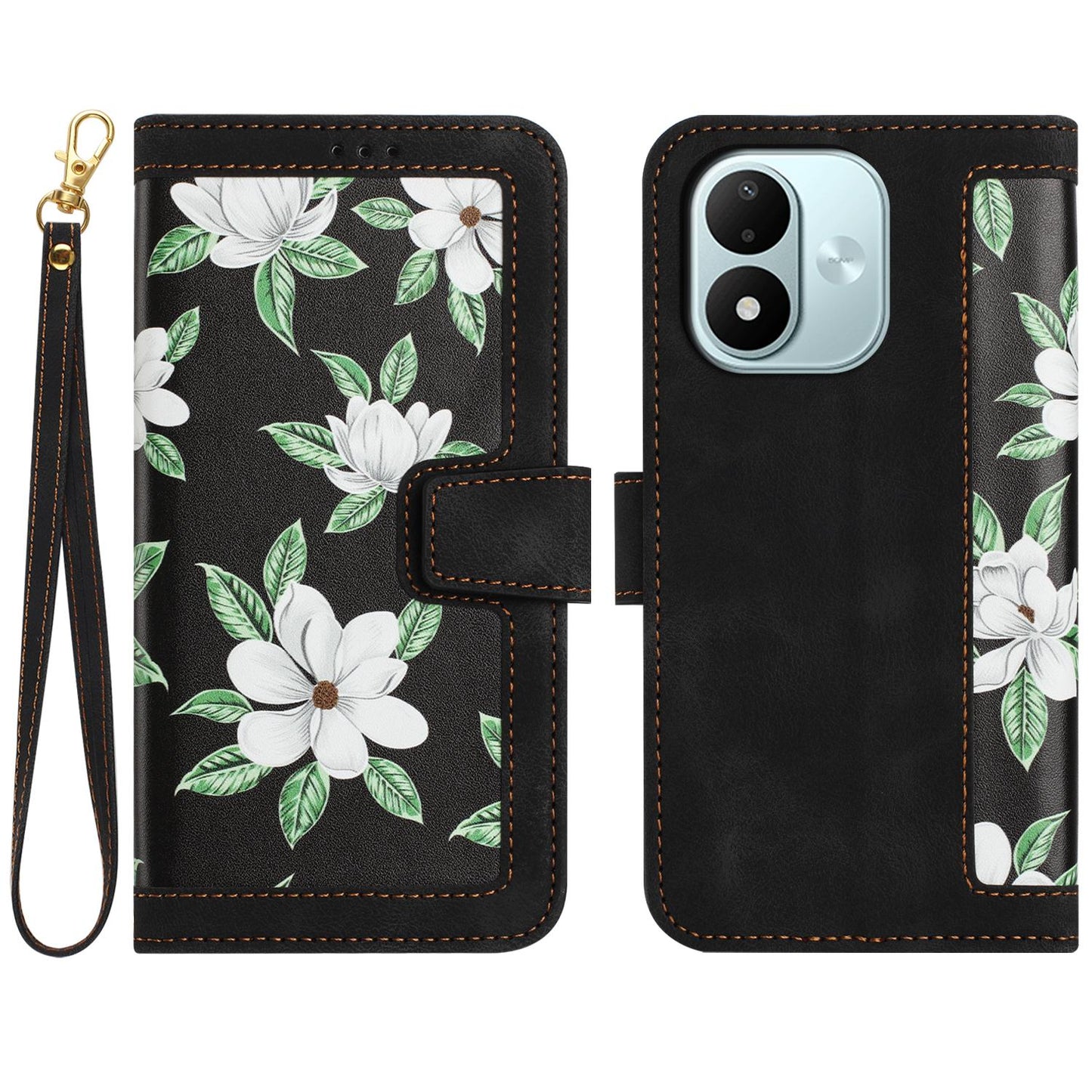 For Redmi Note 17 4G Global 171mm Floral Pattern Leather Phone Case with Lanyard(Black)