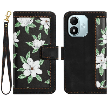 For Redmi Note 17 4G Global 171mm Floral Pattern Leather Phone Case with Lanyard(Black)
