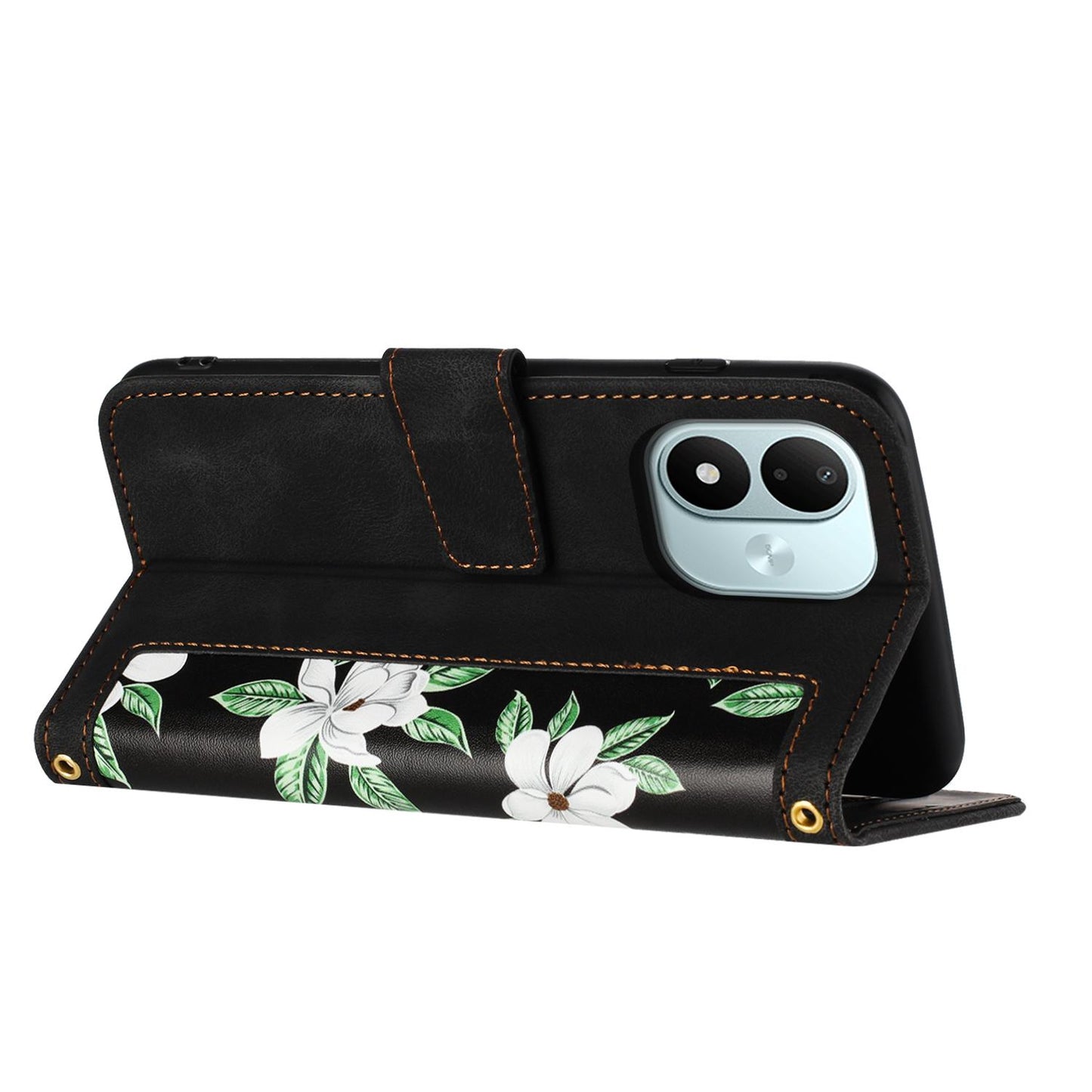 For Redmi Note 17 4G Global 171mm Floral Pattern Leather Phone Case with Lanyard(Black)
