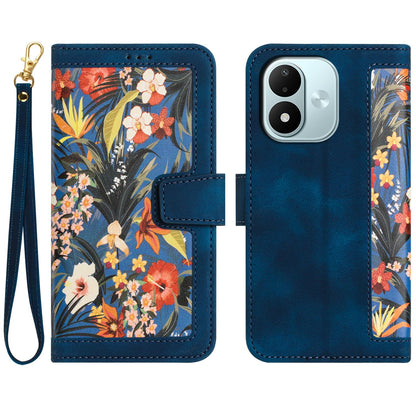 For Redmi Note 17 4G Global 171mm Floral Pattern Leather Phone Case with Lanyard(Dark Blue)