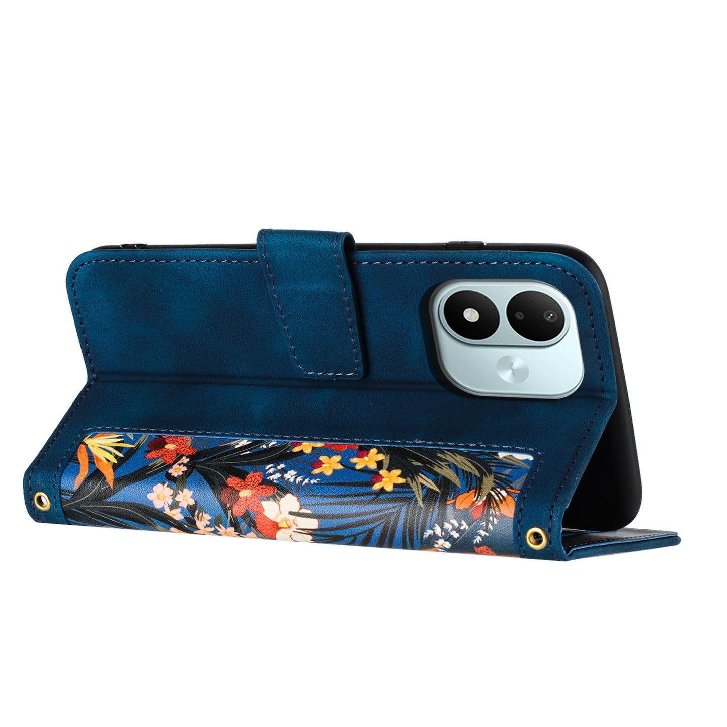 For Redmi Note 17 4G Global 171mm Floral Pattern Leather Phone Case with Lanyard(Dark Blue)