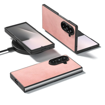 For Galaxy Z Fold8 Ultra 5G Black Edge Two-color Calf Texture PU Phone Case - Pink - EDA007448903B