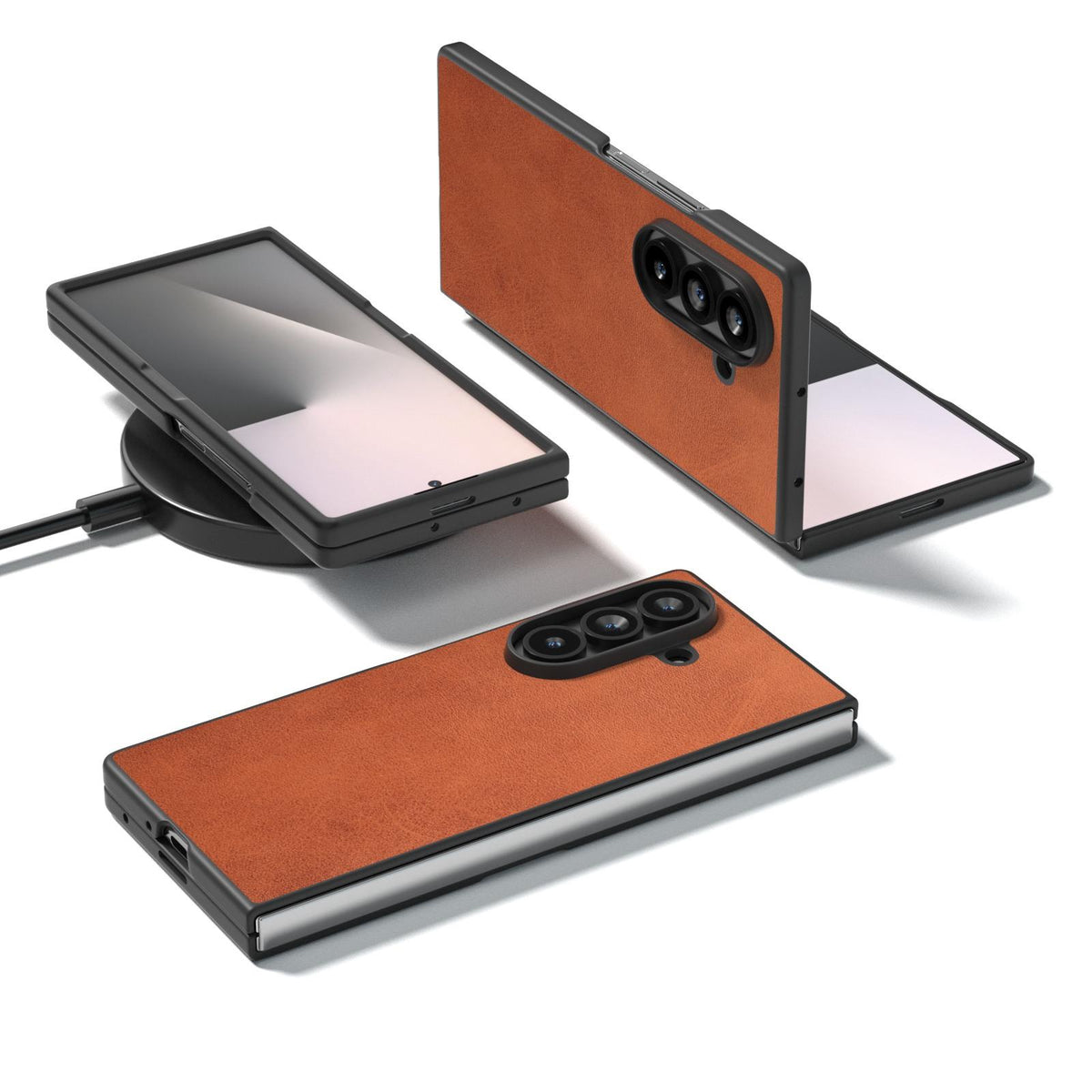 For Galaxy Z Fold8 Ultra 5G Black Edge Two-color Calf Texture PU Phone Case - Brown - EDA007448903D