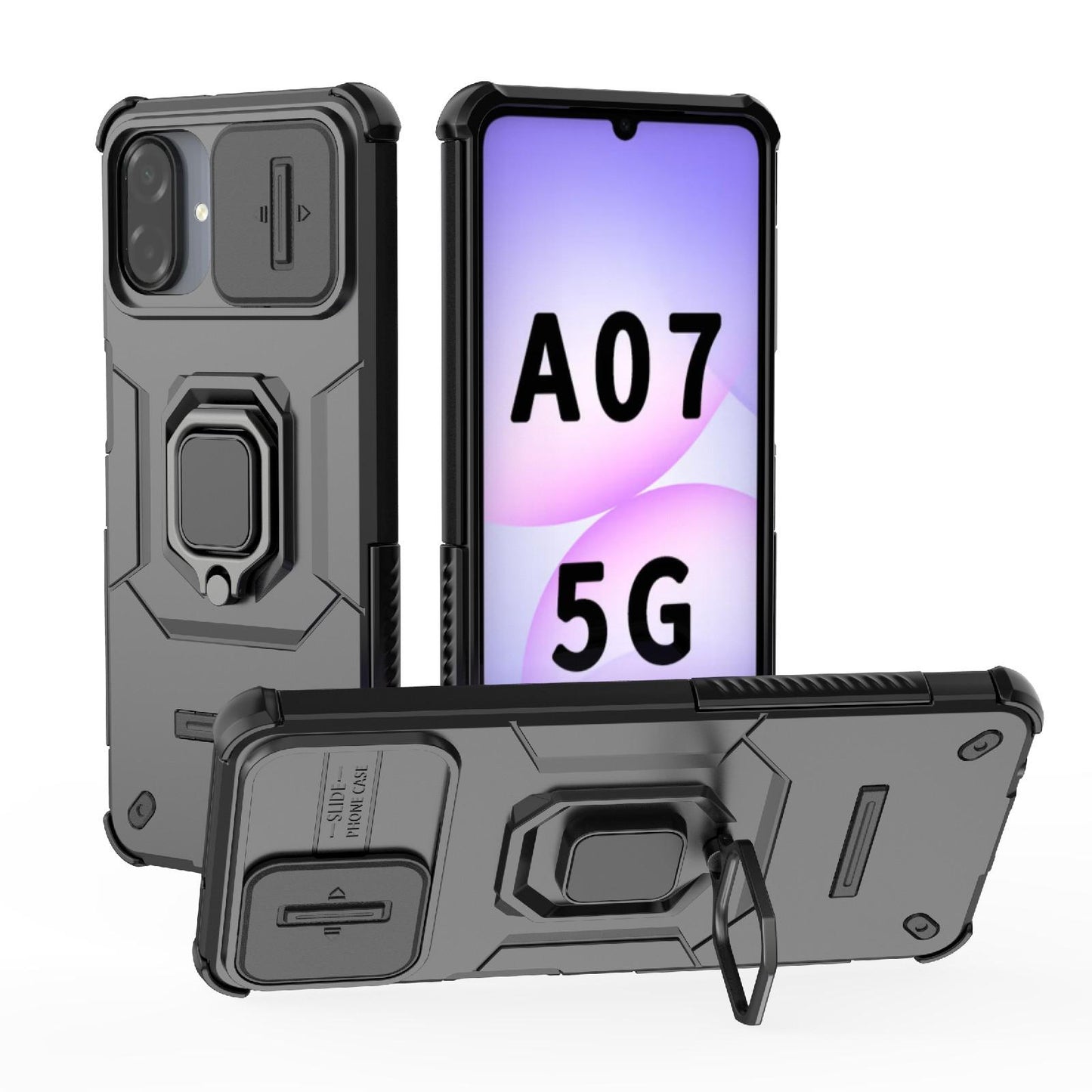 For Galaxy A07 4G Sliding Camshield TPU + PC Shockproof Phone Case with Holder(Black)